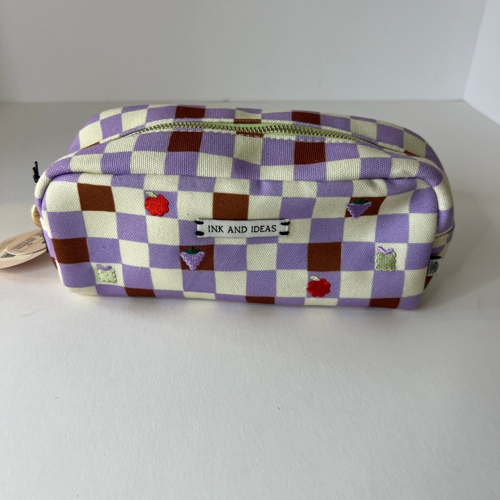 Papier Berry Pencil Case Purple Check Ink & Ideas 4 x 9" NWT
